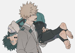  2boys bakugou_katsuki barefoot blonde_hair bodysuit boku_no_hero_academia carrying carrying_over_shoulder carrying_person collared_shirt commentary_request freckles gloves green_bodysuit green_eyes green_hair grey_jacket highres jacket lapels looking_back looking_to_the_side male_focus midoriya_izuku multiple_boys notched_lapels open_collar open_mouth pipipaint red_eyes school_uniform shirt short_hair simple_background spiky_hair stirrup_footwear teeth u.a._school_uniform upper_body white_background white_gloves white_shirt 