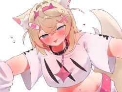  1girl absurdres animal_ear_fluff animal_ears bandaid bandaid_hair_ornament belt black_collar blonde_hair blue_eyes closed_mouth collar dog_ears dog_girl dog_tail hair_ornament highres hololive hololive_english looking_at_viewer mococo_abyssgard mococo_abyssgard_(1st_costume) multicolored_hair pink_belt pink_streaks short_hair shorts smile solo spiked_collar spikes streaked_hair tail tepenchi tongue tongue_out virtual_youtuber white_shorts x_hair_ornament 