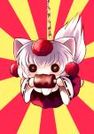  absurdres animal_ears boned_meat chain chains eating fangs food hat highres inubashiri_momiji macedonian_flag meat short_hair solo tail tokin_hat touhou white_hair wide_sleeves wolf_ears wolf_tail yume_shokunin 