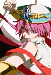  1boy 333takoyaki absurdres arm_guards braid chinese_clothes clenched_hand commentary_request guan_hat hat highres holding holding_sword holding_weapon looking_at_viewer magi_the_labyrinth_of_magic male_focus pink_eyes pink_hair ren_kouha simple_background sleeveless solo sword upper_body weapon 