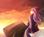  black_dress blue_eyes brown_hair cloud clouds coat dress enoo frown hair_ribbon long_hair one_side_up raquel_applegate ribbon sitting solo sunset wild_arms wild_arms_4 