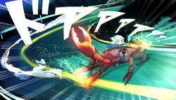  1girl :3 absurdres aqua_eyes arm_up black_eyes blush crab crab_claw drifting english_commentary eyestalks fins fish_tail gawr_gura gawr_gura_(1st_costume) glowing glowing_eyes hair_ornament highres hololive hood hood_down hoodie initial_d medium_hair minchi_(anda) motion_blur mountainous_horizon night pincers railing riding riding_animal road shark_hair_ornament shark_tail short_twintails sky smoke solid_circle_eyes solo sparks street tail translated tree twintails virtual_youtuber white_hair 