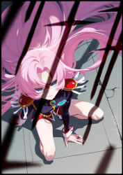  1girl absurdres blue_eyes commission epaulettes from_above hand_on_floor highres long_hair looking_at_viewer pink_hair pixiv_commission shade shoujo_kakumei_utena slim_legs solo sui_yamami tenjou_utena thighs 
