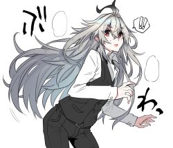  ! !! alternate_hair_length alternate_hairstyle antenna_hair black_pants black_vest commentary_request cowboy_shot dress_shirt fate/apocrypha fate_(series) grey_hair hair_between_eyes haoro highres leaning_forward long_hair male_focus messy_hair pants red_eyes shirt short_hair sieg_(fate) simple_background very_long_hair vest white_background white_shirt 