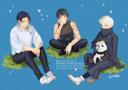 1girl 3boys black_hair black_panties black_tank_top blowing_bubbles blue_background burn_scar crossed_legs falling_petals full_body gakuran grass grin indian_style inumaki_toge jacket jujutsu_kaisen multiple_boys okkotsu_yuuta on_ground panda_(jujutsu_kaisen) panties petals scar scar_on_arm scar_on_face school_uniform shirt shoes short_hair sitting sleeveless sleeveless_shirt smile sneakers stitched_forehead stuffed_animal stuffed_panda stuffed_toy tank_top twitter_username underwear very_short_hair white_hair white_jacket white_shoes yuto_(yut0x0) zen'in_maki zen'in_maki_(post_shibuya) 