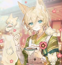  1boy animal_ears apron blonde_hair blue_eyes chibi chibi_inset chinese_commentary commentary_request cookie cup eating ensemble_stars! flower food fox_boy fox_ears fox_tail green_kimono hair_between_eyes highres holding holding_cookie holding_cup holding_food japanese_clothes kimono koikoi_love_cafe_(ensemble_stars!) long_sleeves looking_at_viewer male_focus official_alternate_costume open_mouth photo_background red_flower shirt shirt_flower shirt_under_kimono short_hair shuijiao_ren smile solo tail teacup tenshouin_eichi upper_body white_apron white_shirt wide_sleeves 