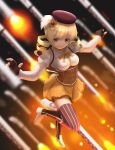  3d beret blonde_hair blurry boots breasts brown_legwear cg corset depth_of_field detached_sleeves drill_hair eye_reflection fingerless_gloves floating foreshortening gate_of_babylon gloves gun hair_ornament hairpin hat highres large_breasts light_smile magical_girl magical_musket mahou_shoujo_madoka_magica outstretched_arms perspective pleated_skirt puffy_sleeves reflection ribbon rifle short_hair siraha skirt solo spread_arms taut_shirt thigh-highs thighhighs tomoe_mami twin_drills twintails vertical-striped_legwear vertical_stripes weapon yellow_eyes zettai_ryouiki 