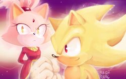  1boy 1girl artist_name blaze_the_cat burning_blaze draw_chill's furry furry_female furry_male gloves jacket pink_fur red_eyes red_jacket signature smile sonic_(series) sonic_rush sonic_the_hedgehog super_sonic white_gloves yellow_eyes yellow_fur 