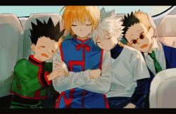  4boys black_border black_hair blonde_hair blue_jacket blue_tabard border car_interior chinese_commentary closed_eyes closed_mouth collared_shirt commentary_request crossed_arms glasses gon_freecss green_jacket green_necktie head_on_another's_shoulder highres hunter_x_hunter jacket killua_zoldyck kurapika layered_sleeves leorio_paladiknight letterboxed long_sleeves male_focus multiple_boys necktie round_eyewear sevenlistening shirt short_over_long_sleeves short_sleeves sitting sleeping sleeping_on_person spiky_hair suit_jacket tabard white_hair white_shirt 