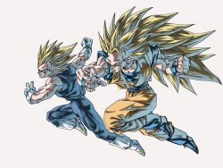  2boys absurdres blonde_hair blue_boots blue_eyes blue_pants blue_shirt boots charging_forward clenched_hand clenched_teeth commentary dougi dragon_ball dragon_ball_z flying gloves highres long_hair looking_ahead male_focus multiple_boys muscular muscular_male nazunnio1225 no_eyebrows orange_pants orange_shirt outstretched_arms pants shirt simple_background sleeveless sleeveless_shirt son_goku spiky_hair super_saiyan super_saiyan_2 super_saiyan_3 teeth vegeta very_long_hair white_background white_boots white_gloves wristband 