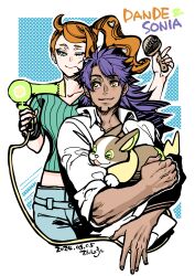  >_< 1boy 1girl character_name collared_shirt commentary_request dark-skinned_male dark_skin dated green_shirt hair_brush hair_dryer hair_ornament heart heart_hair_ornament highres holding holding_hair_brush leon_(pokemon) light_blush one_eye_closed orange_hair pokemon pokemon_(creature) pokemon_swsh sansho_(fukasi) shirt side_ponytail sonia_(pokemon) white_shirt yamper yellow_eyes 