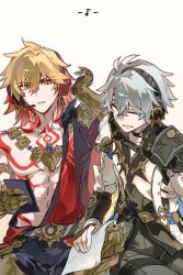  2boys abs antenna_hair arm_tattoo armlet armor black_choker black_coat black_pants black_shirt blonde_hair braid chest_tattoo chinese_commentary choker clawed_gauntlets closed_eyes coat commentary_request earrings facial_tattoo gold_earrings gold_necklace gradient_hair headphones highres holding holding_phone honkai:_star_rail honkai_(series) jewelry male_focus medium_hair multicolored_hair multiple_boys mydei_(honkai:_star_rail) necklace open_clothes open_coat pants parted_bangs pauldrons phainon_(honkai:_star_rail) phone red_hair red_tattoo shirt short_hair shoulder_armor side_braid single_pauldron tattoo toned toned_male white_coat white_hair xinjinjumin799057796880 yellow_eyes 