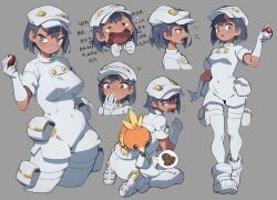  ! !! 1girl absurdres aether_foundation_employee black_hair blush breasts closed_mouth cookie crying dark-skinned_female dark_skin elbow_gloves fang flowerpigeon food gloves grey_background hat highres holding holding_poke_ball jumpsuit multiple_views open_mouth poke_ball poke_ball_(basic) pokemon pokemon_(creature) pokemon_sm pouch short_hair simple_background sitting standing sweat tears torchic white_gloves white_hat white_jumpsuit 