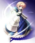  ahoge aqua_eyes armor blonde_hair blue_eyes fate/stay_night fate_(series) green_eyes open_mouth outstretched_hand perspective saber solo 