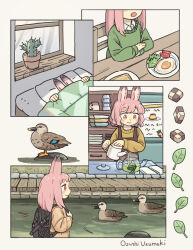  1girl :o animal_ears artist_name backpack bag bird blush_stickers breakfast brown_sweater cactus checkerboard_cookie closed_mouth collared_shirt commentary_request cookie day dot_nose duck egg_(food) food glass_teapot green_sweater highres indoors long_hair long_sleeves lying multiple_views on_back on_bed open_mouth original outdoors pink_hair plate pouring profile rabbit_ears rabbit_girl shirt smile sweater tomato tomato_slice under_covers uzumaki_osushi white_shirt window 