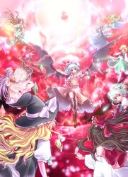  bat_wings black_hair black_legwear black_thighhighs blonde_hair blue_hair bow cirno cup daiyousei detached_sleeves dress everyone flandre_scarlet green_hair hair_bow hakurei_reimu hat hong_meiling izayoi_sakuya kirisame_marisa long_hair maid_headdress maryquant miko multiple_girls patchouli_knowledge purple_hair red_eyes remilia_scarlet rumia short_hair side_slit silhouette silver_hair teacup the_embodiment_of_scarlet_devil thigh-highs thighhighs touhou wings witch witch_hat youkai 