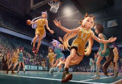  6+girls :o ahoge animal_ears aqua_bow ball basketball basketball_(object) basketball_court basketball_hoop basketball_jersey basketball_shorts basketball_uniform beanie black_hair black_jacket black_pants black_shirt black_shoes black_socks blue_eyes blue_hair blue_shirt blue_shorts blunt_bangs bow braid breasts brown_eyes brown_hair clipboard closed_mouth commentary crown_braid dream_journey_(umamusume) dwyane_wade ear_bow ear_covers ear_ribbon ears_through_headwear english_commentary fenomeno_(umamusume) flipped_hair full_body glasses gold_ship_(umamusume) green_shirt green_shorts grey_hair grey_hat hair_between_eyes hair_bun hair_ornament hairclip hat highres holding holding_ball horse_ears horse_girl horse_tail i_got_a_glock_in_my_'rari_(meme) jacket jersey jumping koicoyart lebron_james leggings leggings_under_shorts long_hair looking_at_another lucky_lilac_(umamusume) mejiro_ardan_(umamusume) mejiro_bright_(umamusume) mejiro_dober_(umamusume) mejiro_family_(umamusume) mejiro_mcqueen_(umamusume) mejiro_palmer_(umamusume) mejiro_ramonu_(umamusume) mejiro_ryan_(umamusume) meme midair multicolored_hair multiple_girls nakayama_festa_(umamusume) open_mouth orange_hair orfevre_(umamusume) outstretched_arms pants parted_bangs ponytail purple_bow purple_hair scene_reference shirt shoes short_hair shorts shorts_under_shorts side_braids side_ponytail single_ear_cover sitting slam_dunk_(basketball) sleeveless sleeveless_shirt smile smug socks sportswear spread_arms stadium standing stay_gold_(umamusume) stay_gold_clan_(umamusume) streaked_hair tail tongue tongue_out twin_braids two-tone_hair umamusume violet_eyes wade-lebron_dunk_picture white_hair white_leggings white_pants white_shirt white_shoes white_socks yellow_shirt yellow_shorts 