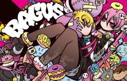  1girl absurdly_detailed_composition arrow_hair_ornament chain commentary_request dart decora doll_hair_ornament doughnut english_text engrish_text food gyaru highres lock original padlock project.c.k. punk ranguage road rokku_gyaru shoes sneakers street streetwear tattoo twintails 