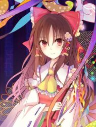  1girl ascot bow brown_hair closed_mouth commentary_request detached_sleeves flower frilled_bow frilled_hair_tubes frills gohei hair_bow hair_flower hair_ornament hair_tubes hakurei_reimu holding holding_gohei kazu_(muchuukai) long_hair looking_at_viewer lowres red_bow red_eyes ribbon-trimmed_sleeves ribbon_trim smile solo touhou yellow_ascot 