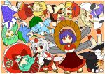 aki_minoriko aki_shizuha animal_ears bad_id chibi geta highres inubashiri_momiji kagiyama_hina kawashiro_nitori kochiya_sanae long_skirt moriya_suwako mountain_of_faith multiple_girls nyontase shameimaru_aya skirt tail tengu-geta touhou wolf_ears wolf_tail yasaka_kanako