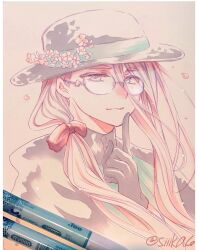  1boy :3 art_tools_in_frame black_gloves black_hat black_jacket black_shirt border bow cherry_blossoms fate/grand_order fate_(series) fedora finger_to_mouth flower glasses gloves green_kimono grey_eyes hair_behind_ear hair_between_eyes hair_bow hanasaka_no_okina_(fate) haori hat hat_flower highres index_finger_raised jacket japanese_clothes kimono long_hair long_hair_between_eyes long_sidelocks looking_at_viewer low_ponytail male_focus marker_(medium) mole mole_under_eye multiple_moles petals pink_flower pink_hair pink_petals ponytail red_bow round_eyewear shaded_face shirt shirt_under_kimono shushing sidelocks siiika_(siiika6) single_sidelock smile solo traditional_media turtleneck turtleneck_shirt twitter_username upper_body white_border 