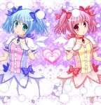  absurdres alternate_hairstyle bad_id blue_eyes blue_hair blush bow bubble_skirt cirno cosplay crossover dress fujisaki_kaon gloves hair_bow hair_ribbon heart highres kaname_madoka kaname_madoka_(cosplay) magical_girl mahou_shoujo_madoka_magica multiple_girls open_mouth pink_hair ribbon short_hair short_twintails symmetry touhou twintails wings 