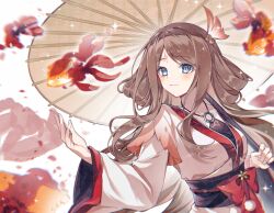  1girl alternate_costume alternate_hairstyle bang_dream! blue_eyes brown_hair chinese_clothes chinese_commentary commentary_request duijin_ruqun fish goldfish hair_ornament hanfu highres holding holding_umbrella huadian long_hair long_sleeves mizaoxian_zongzi nagasaki_soyo oil-paper_umbrella smile solo umbrella wide_sleeves 