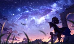  1girl absurdres arch blue_sky brown_hair castle child cloak clouds cloudy_sky commentary constellation domado dusk english_commentary evening gate grass grey_eyes highres long_sleeves looking_at_viewer medium_hair mountainous_horizon open_mouth original outdoors pointing shoes sitting sky sky_focus smile solo stairs star_(sky) starry_sky thigh-highs white_thighhighs wide_sleeves 