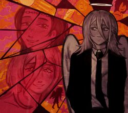  1boy 1girl angel angel_devil's_lover angel_devil_(chainsaw_man) angel_wings beach blush chainsaw_man hair_between_eyes halo highres limited_palette long_hair remembering sk8rrr smile spoilers stained_glass suit sunset wings 