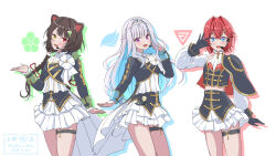  3girls :3 :d aiguillette ange_katrina animal_ears animal_hair_ornament black_capelet black_gloves black_shirt black_skirt blue_eyes blue_hair blush braid brown_hair capelet character_charm charm_(object) clothing_cutout color-coded colored_inner_hair commentary_request cowboy_shot crossed_bangs cup_hair_ornament dated dog_ears drop_shadow frilled_skirt frills gloves gold_trim gradient_eyes hair_between_eyes hair_intakes hair_ornament hair_ribbon half_up_braid hand_up headset heterochromia highres idol_clothes inui_toko layered_shirt layered_skirt lize_helesta long_hair long_sidelocks long_sleeves looking_at_viewer low_twin_braids medium_hair midriff miniskirt multicolored_eyes multicolored_hair multiple_girls nijisanji nijisanji_idol_uniform red_capelet red_eyes red_hair red_ribbon ribbon saburou_hiji sanbaka_(nijisanji) sebastian_piyodore shirt shoulder_cutout side_capelet sidelocks simple_background skirt sleeve_cuffs smile streaked_hair thigh_strap tiara triangle_hair_ornament twin_braids twitter_username two-sided_capelet two-tone_hair very_long_hair violet_eyes virtual_youtuber white_background white_hair white_shirt white_skirt yellow_eyes 