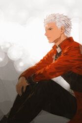  1boy archer_(fate) armor black_pants breastplate coat commentary_request dark-skinned_male dark_skin eiqdvyixegxn9cx fate/stay_night fate_(series) male_focus pants red_coat solo spiky_hair white_hair 
