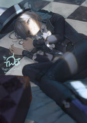  1girl ascot black_boots black_coat black_hat black_pants blurry blurry_foreground boater_hat boots checkered_floor coat commentary_request commission crack_of_light dated depth_of_field feet_out_of_frame from_side grey_eyes grey_hair hands_up hat highres korean_commentary looking_at_viewer lying pants parted_lips reverse:1999 shirt short_hair solo suitcase tinct twitter_username vertin_(reverse:1999) white_ascot white_shirt 