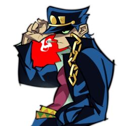  1boy adjusting_clothes adjusting_headwear blue_coat chain cigarette coat commentary_request gakuran hat jojo_no_kimyou_na_bouken korean_commentary kujo_jotaro male_focus pink_shirt plum_(ms8748) school_uniform shirt smoke solo solo_focus stardust_crusaders white_background 