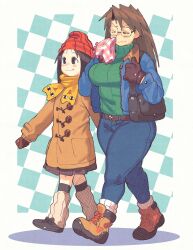  2girls azumanga_daioh bag commentary denim glasses gloves handbag hat highres inkerton-kun jeans multiple_girls pants symbol-only_commentary walking 