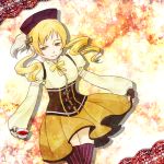  bad_id beret blonde_hair breasts cup drill_hair fingerless_gloves gloves hair_ornament hat magical_girl mahou_shoujo_madoka_magica on_(1117) pleated_skirt puffy_sleeves skirt solo teacup thigh-highs thighhighs tomoe_mami yellow_eyes zettai_ryouiki 