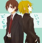  alternate_hairstyle blonde_hair brown_eyes brown_hair crossdressinging formal gogono_pan'ya gogono_panya hair_down k-on! manabe_nodoka multiple_girls necktie no_glasses pant_suit reverse_trap short_hair suit tainaka_ritsu yellow_eyes 