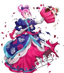  1girl blue_dress blunt_bangs blush bouquet bow breasts closed_mouth cupcake damaged dress earrings facial_mark fire_emblem fire_emblem_engage fire_emblem_heroes floral_print floral_print_dress flower food fork frown fruit giant_fork hair_bow hair_rings heart heart_facial_mark highres holding holding_bouquet holding_fork hortensia_(cutesplosion)_(fire_emblem) hortensia_(fire_emblem) jewelry long_sleeves multicolored_hair non-web_source official_alternate_costume official_art pink_eyes pink_hair polka_dot polka_dot_bow print_dress small_breasts solo strawberry streaked_hair torn_clothes two-tone_hair tym_taro white_hair 