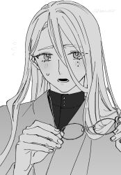  1boy blush fate/grand_order fate_(series) fingernails flying_sweatdrops glasses greyscale hair_behind_ear hair_between_eyes hair_down hanasaka_no_okina_(fate) hands_up highres holding holding_removed_eyewear japanese_clothes kimono long_hair long_hair_between_eyes lower_teeth_only male_focus mole mole_under_eye monochrome multiple_moles noah_(livas) open_mouth round_eyewear shirt shirt_under_kimono simple_background solo sweatdrop teeth turtleneck turtleneck_shirt unworn_eyewear upper_body white_background 