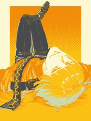  1boy a_nzi_end bleach blonde_hair blunt_bangs border commentary_request grid_teeth highres hirako_shinji looking_at_viewer lying male_focus necktie on_back pants short_hair solo upside-down white_border yellow_theme 