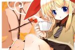  blonde_hair blue_eyes bow copyright_request cup fuyuno_mikan hair_bow necktie pleated_skirt skirt solo teacup 