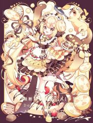  1girl :d animal apron artist_name asymmetrical_footwear blonde_hair blush border bow bowtie brown_border brown_bow brown_dress brown_ribbon brown_shoes commentary_request dog dot_nose dress food footwear_bow frilled_apron frilled_sleeves frills frying_pan full_body hair_ribbon high_heels highres holding holding_frying_pan holding_plate hyou_(pixiv3677917) long_hair looking_at_viewer mismatched_footwear open_mouth original outside_border pancake plate ribbon shoes short_sleeves smile socks solo standing standing_on_one_leg striped_clothes striped_dress striped_ribbon watermark white_apron white_background white_socks yellow_bow yellow_bowtie yellow_eyes yellow_shoes 