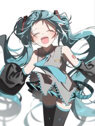  1girl :d ^_^ absurdly_long_hair aqua_hair aqua_necktie aqua_trim arm_tattoo bangs_blown_up black_skirt black_sleeves black_thighhighs blurry blurry_background blush closed_eyes collared_shirt cowboy_shot detached_sleeves facing_viewer floating_clothes floating_hair floating_neckwear frilled_shirt frills grey_shirt hair_ornament happy hashtag-only_commentary hatsune_miku highres jjeogi38 long_hair long_sleeves miniskirt necktie number_tattoo open_mouth shirt simple_background skirt sleeveless sleeveless_shirt smile solo standing tattoo teeth thigh-highs twintails untucked_shirt upper_teeth_only very_long_hair vocaloid white_background wide_sleeves zettai_ryouiki 