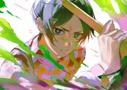  1boy 333takoyaki absurdres black_hair blue_eyes blue_period closed_mouth collared_shirt commentary_request highres holding holding_paintbrush long_sleeves looking_at_viewer male_focus mole mole_under_eye multiple_moles orange_shirt paint paintbrush shirt simple_background solo takahashi_yotasuke upper_body 