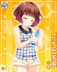  1girl bird_hair_ornament blue_shirt bottle brown_hair card_(medium) character_name closed_eyes flower flower_necklace fukita_ibuki girlfriend_(kari) hair_ornament holding holding_bottle official_art plaid_clothes plaid_shirt qp:flapper ramune shirt shirttail shorts sleeveless sleeveless_shirt smile solo standing thighs white_shorts yellow_background 