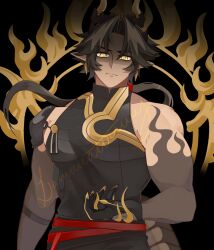 1boy absurdres annoyed arknights arm_tattoo artist_name belt black_hair black_shirt chongyue_(arknights) claws closed_mouth commentary_request compression_shirt earrings facing_viewer flame_tattoo floating_hair hair_tubes highres horns jewelry low_ponytail luvvoratorrrrry muscular muscular_male pointy_ears ponytail red_belt red_tattoo shaded_face shirt single_bare_shoulder single_shoulder_pad straight-on tattoo watermark yellow_eyes 