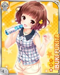  1girl :d bird_hair_ornament blue_shirt bottle brown_eyes brown_hair card_(medium) character_name flower flower_necklace fukita_ibuki girlfriend_(kari) hair_ornament holding holding_bottle looking_at_viewer official_art plaid_clothes plaid_shirt qp:flapper ramune shirt shirttail shorts sleeveless sleeveless_shirt smile solo standing white_shorts yellow_background 