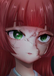  1girl blunt_bangs commentary crack cracked_kawaii_mask green_eyes highres kimi_no_koto_ga_dai_dai_dai_dai_daisuki_na_100-nin_no_kanojo light_blush long_hair old old_woman parted_lips portrait red_hair smile solo tomohiro_(tomohiro_r36aby) wrinkled_skin yakuzen_yaku 