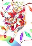  :d adapted_costume aidumi ascot blonde_hair fang flandre_scarlet hat highres laevatein magical_girl open_mouth outstretched_arms red_eyes short_hair side_ponytail smile solo spread_arms the_embodiment_of_scarlet_devil touhou wings 