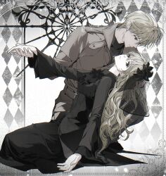  1boy 1girl a_mongs2 absurdres ascot black_ascot black_coat black_eyes black_flower black_shirt black_skirt black_veil blonde_hair brown_coat brown_pants closed_mouth coat coattails commentary cross cross_necklace dress empty_eyes expressionless flower flower_on_head full_body funeral_dress funeral_veil hair_between_eyes hand_grab hand_on_another's_hand head_back highres jewelry latin_cross long_hair long_skirt long_sleeves looking_at_another looking_at_viewer necklace original pale_skin pants serious shirt short_hair sitting skirt tailcoat turtleneck veil wavy_hair 