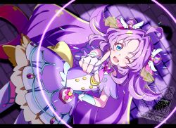  1girl ahoge akechi_anna blue_eyes blush bow brick_wall brooch capelet commentary_request contrapposto cowboy_shot cure_answer double_bun dress dutch_angle earrings fingerless_gloves gloves gold_buttons gradient_hair hair_bun hair_flaps hair_intakes hair_ornament heart heart_brooch heart_in_eye highres impossible_hair index_finger_raised jewelry kyoutsuugengo layered_dress letterboxed light_particles long_hair looking_at_viewer magical_girl meitantei_precure! multicolored_hair one_eye_closed open_mouth outstretched_arm partial_commentary pleated_dress precure purple_bow purple_capelet purple_dress purple_hair purple_theme smile solo spotlight standing symbol_in_eye teeth thigh-highs upper_teeth_only very_long_hair watermark white_gloves white_thighhighs wing_hair_ornament 